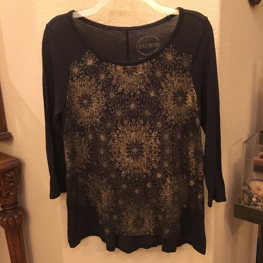 LUCKY BRAND Women Gold Metallic Pattern 3/4 Sleeves Top Size Small